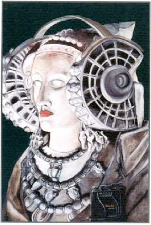 Dibujo - Dama con cascos musicales